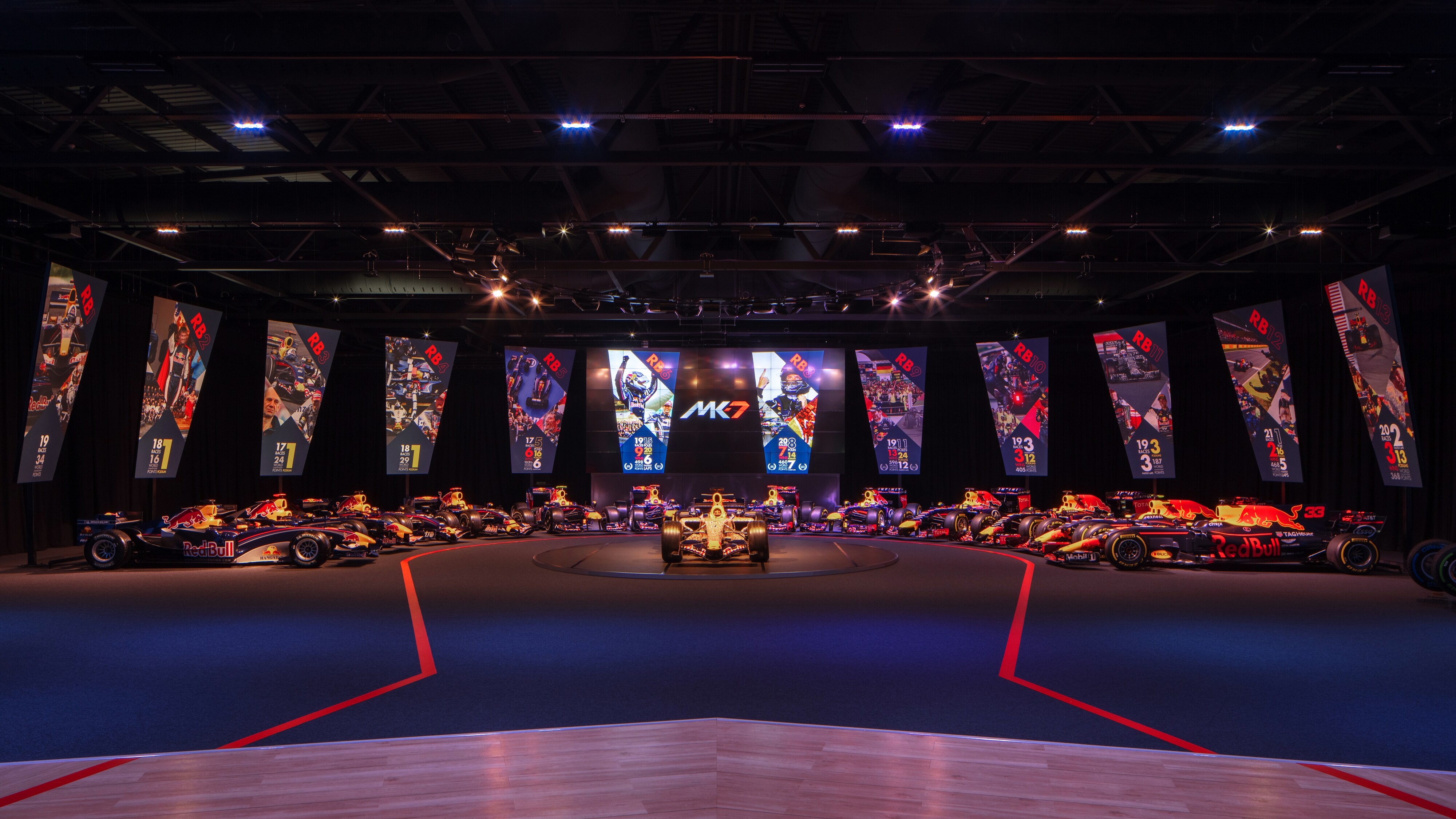 MK7 event space with cars, seats and video wall